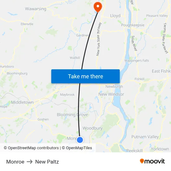Monroe to New Paltz map