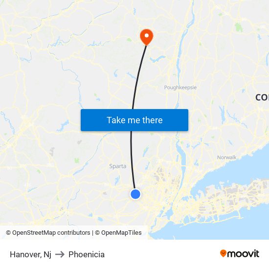 Hanover, Nj to Phoenicia map