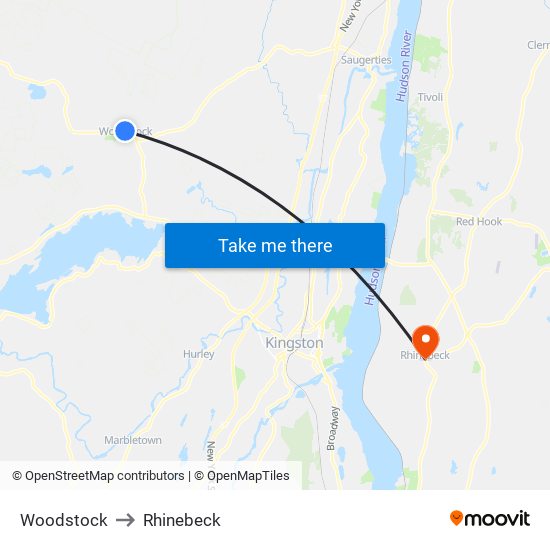 Woodstock to Rhinebeck map