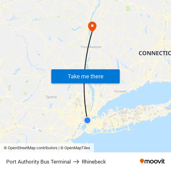Port Authority Bus Terminal to Rhinebeck map