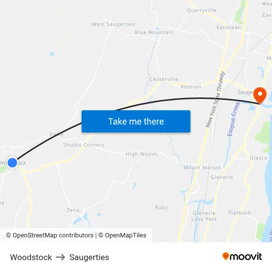 Woodstock to Saugerties map