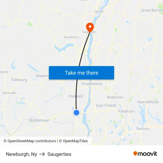 Newburgh to Saugerties map