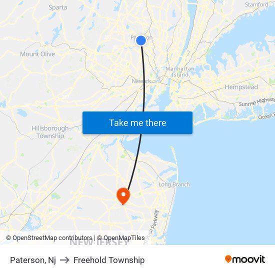 Paterson, Nj to Freehold Township map