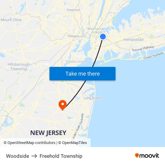 Woodside to Freehold Township map