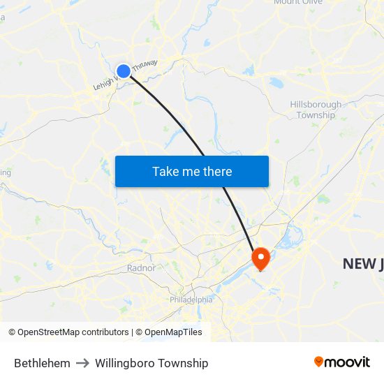 Bethlehem to Willingboro Township map