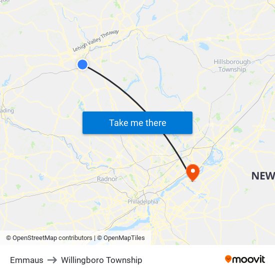 Emmaus to Willingboro Township map