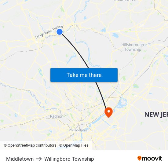 Middletown to Willingboro Township map