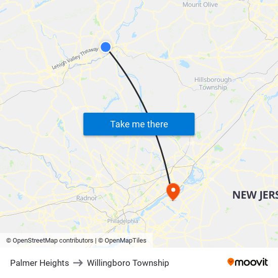 Palmer Heights to Willingboro Township map