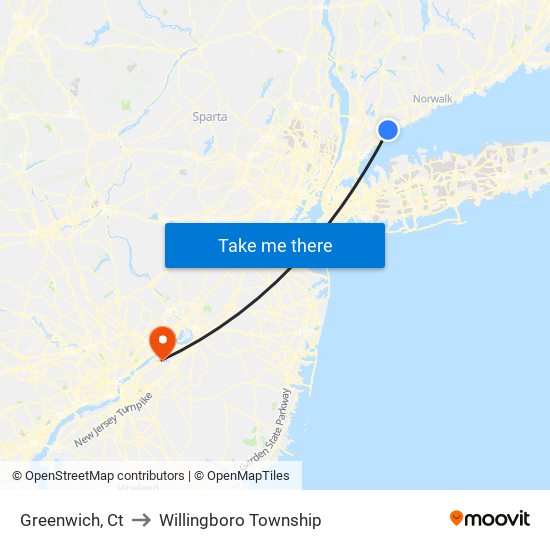 Greenwich, Ct to Willingboro Township map