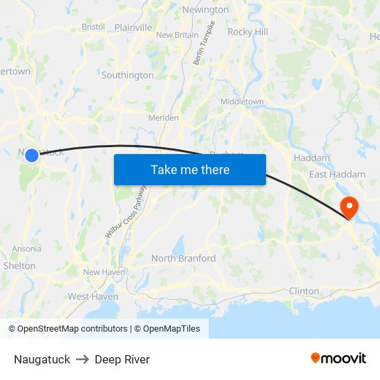 Naugatuck to Deep River map