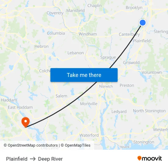Plainfield to Deep River map