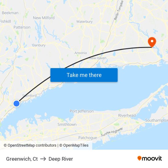 Greenwich, Ct to Deep River map