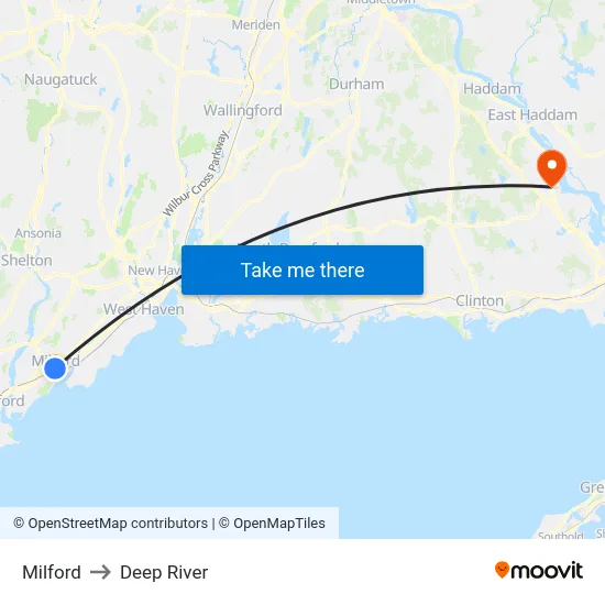 Milford to Deep River map