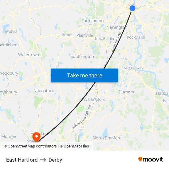 East Hartford to Derby map