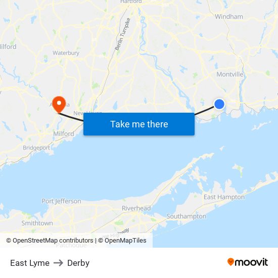 East Lyme to Derby map