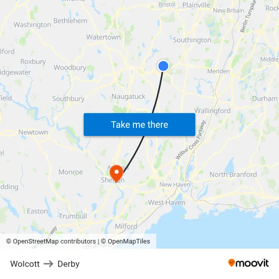 Wolcott to Derby map