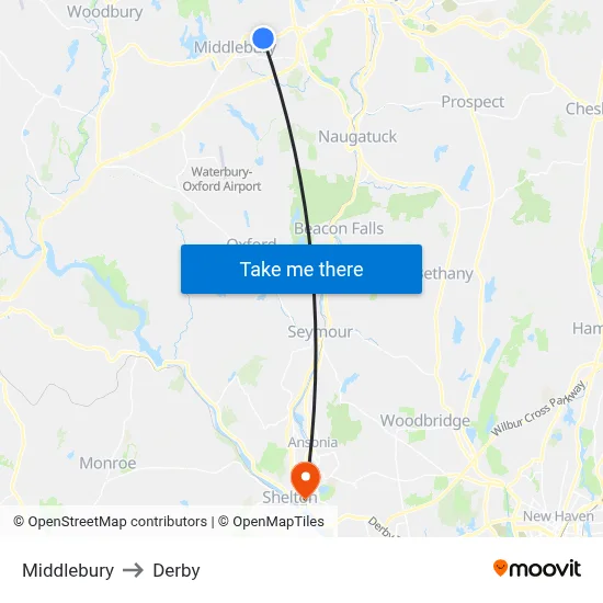 Middlebury to Derby map