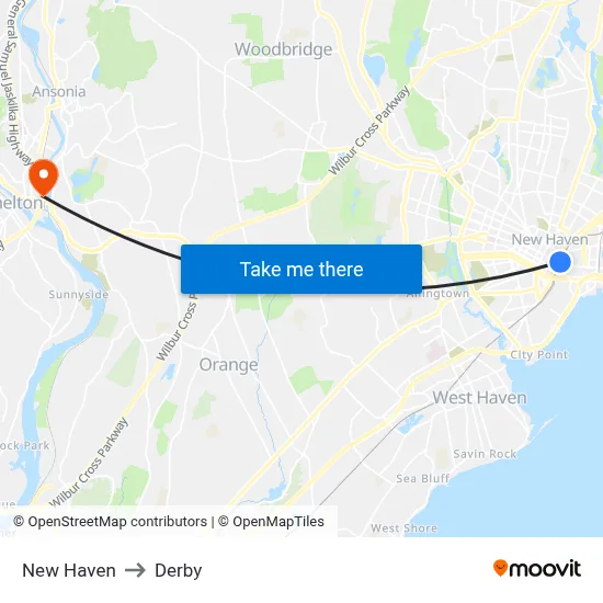 New Haven to Derby map