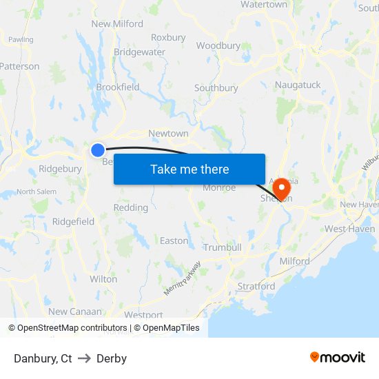 Danbury, Ct to Derby map