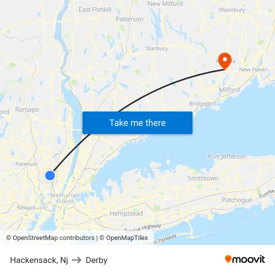 Hackensack to Derby map