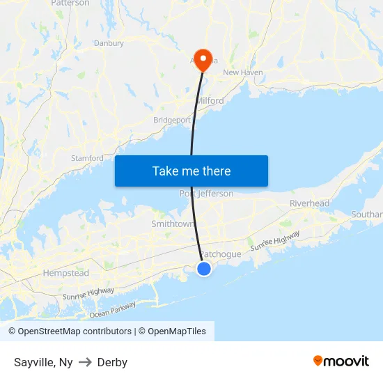 Sayville to Derby map