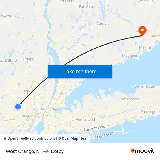 West Orange to Derby map