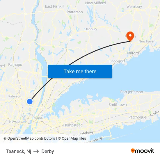 Teaneck to Derby map