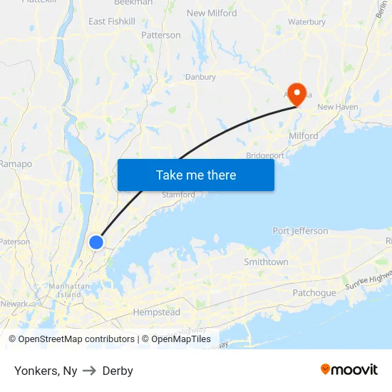 Yonkers to Derby map