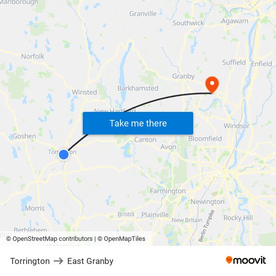 Torrington to East Granby map