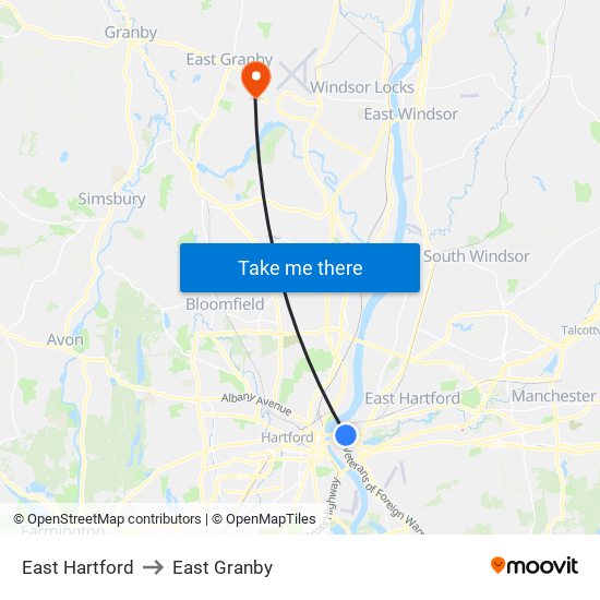 East Hartford to East Granby map