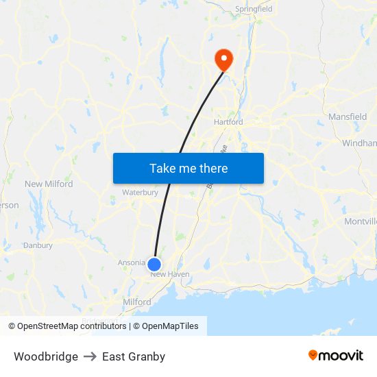 Woodbridge to East Granby map