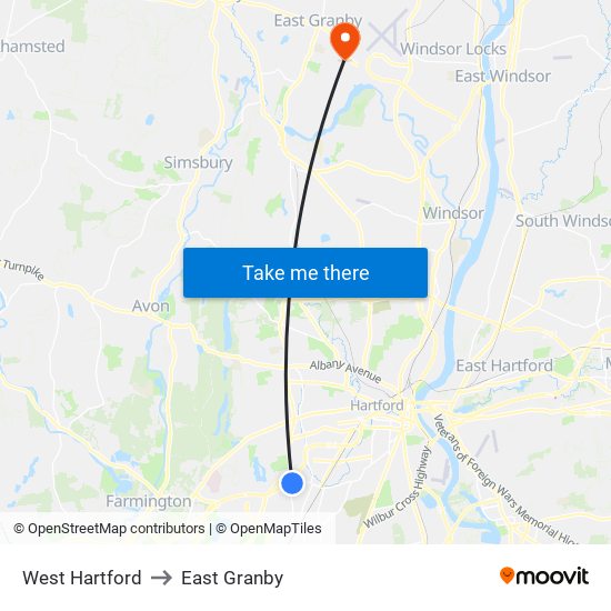 West Hartford to East Granby map