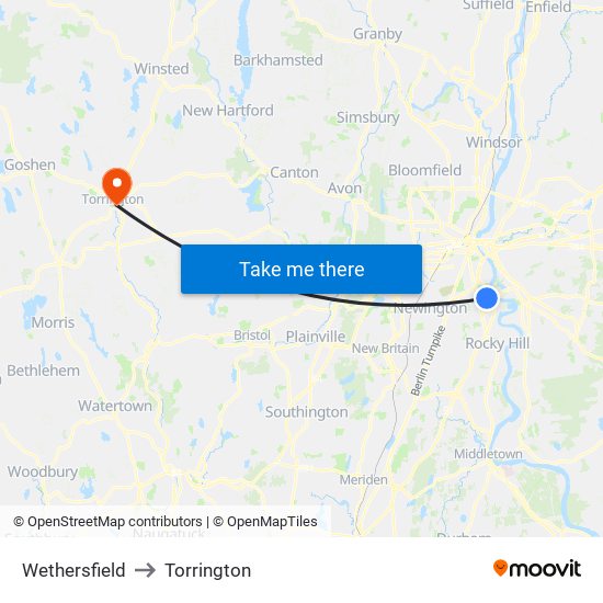 Wethersfield to Torrington map