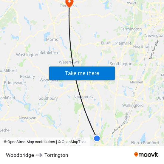 Woodbridge to Torrington map