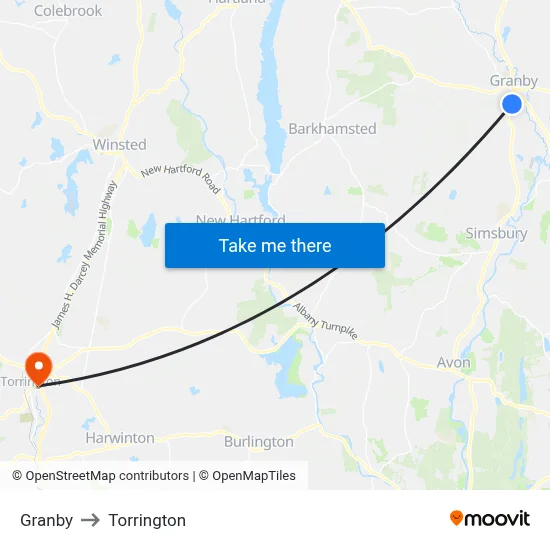 Granby to Torrington map