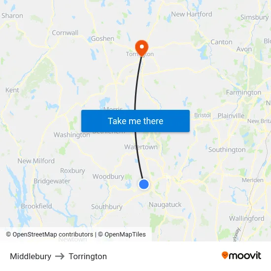 Middlebury to Torrington map