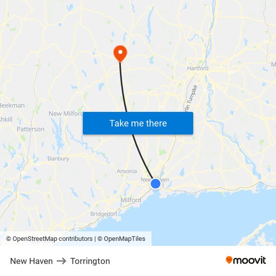 New Haven to Torrington map