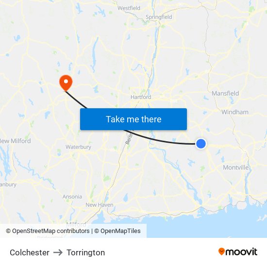 Colchester to Torrington map