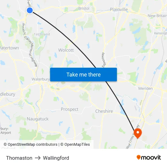Thomaston to Wallingford map