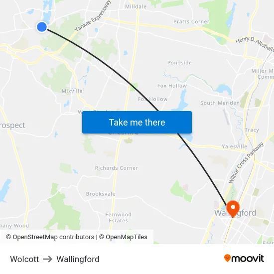 Wolcott to Wallingford map