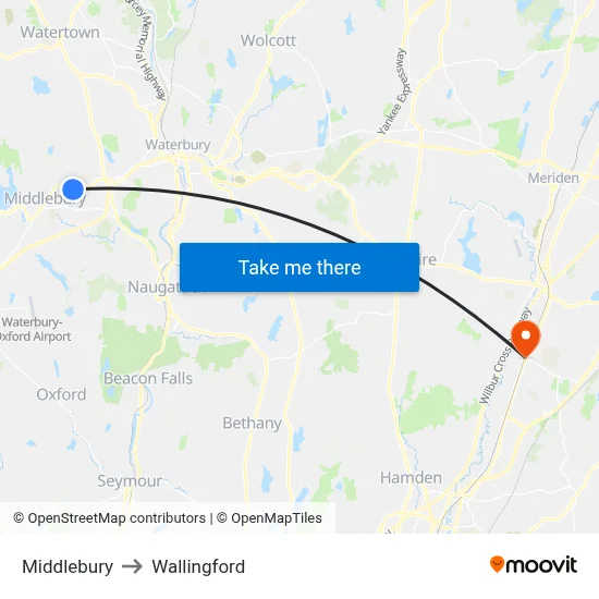 Middlebury to Wallingford map