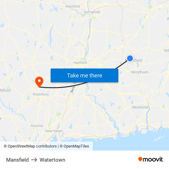 Mansfield to Watertown map