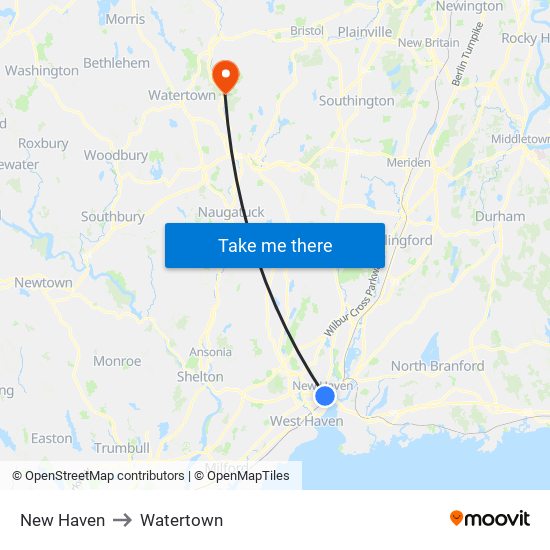 New Haven to Watertown map