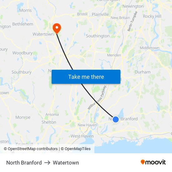 North Branford to Watertown map