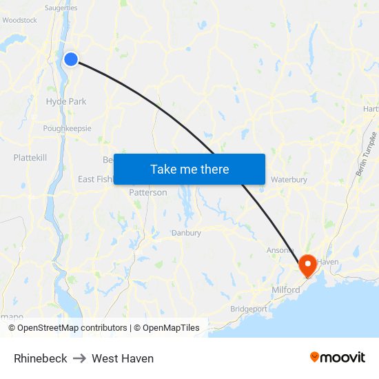 Rhinebeck to West Haven map