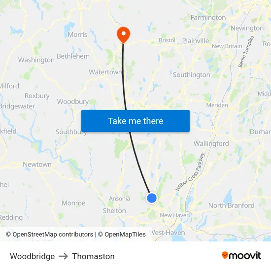 Woodbridge to Thomaston map