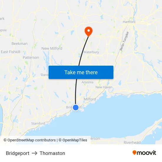 Bridgeport to Thomaston map
