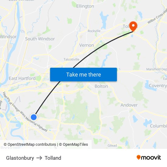 Glastonbury to Tolland map