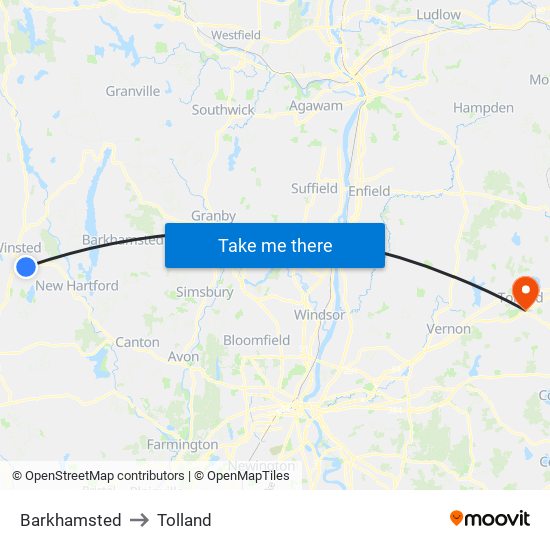 Barkhamsted to Tolland map