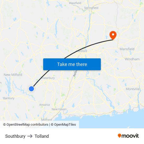 Southbury to Tolland map